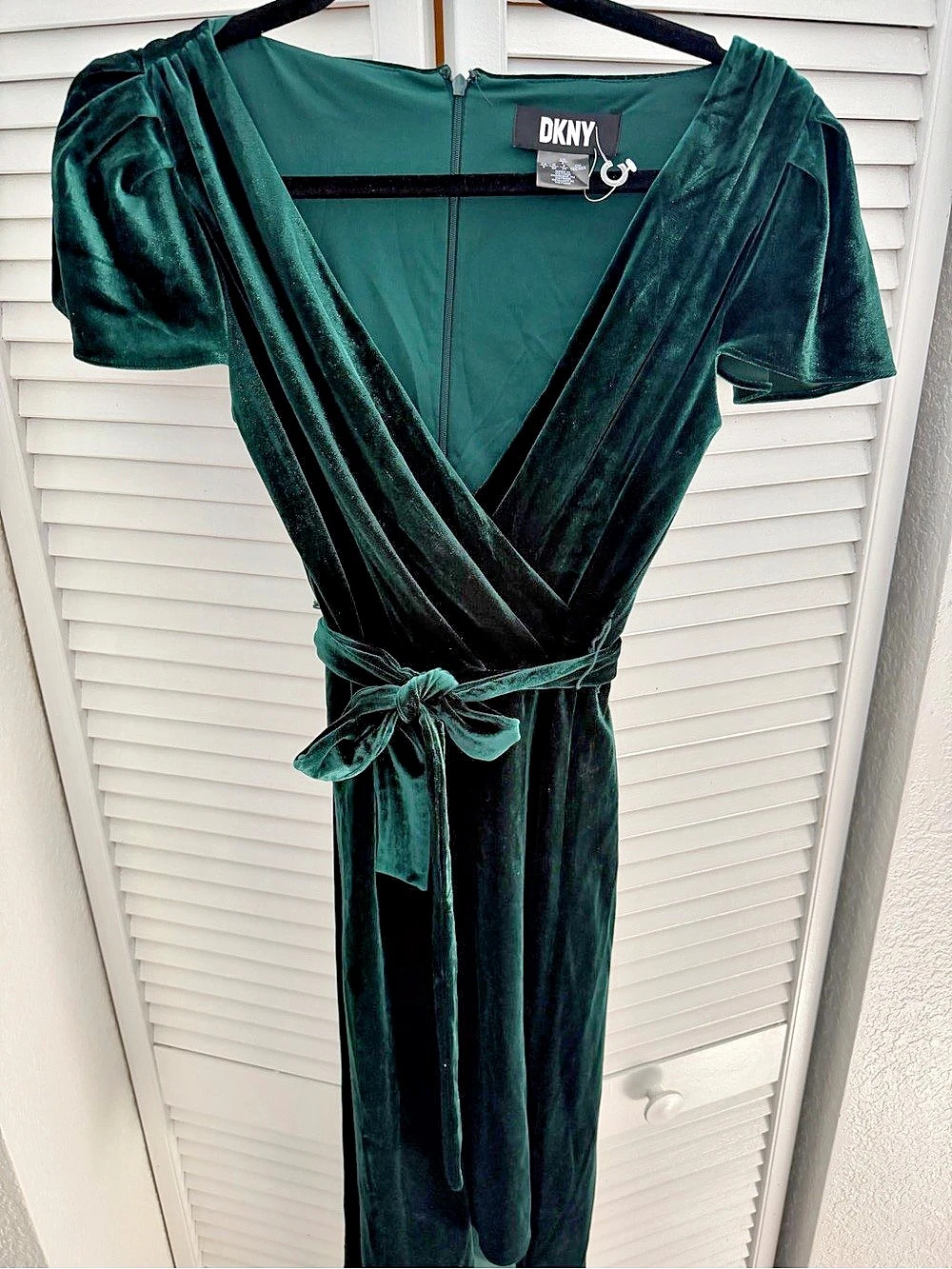 DKNY Emerald Green Velvet Faux Wrap Midi Dress in Green